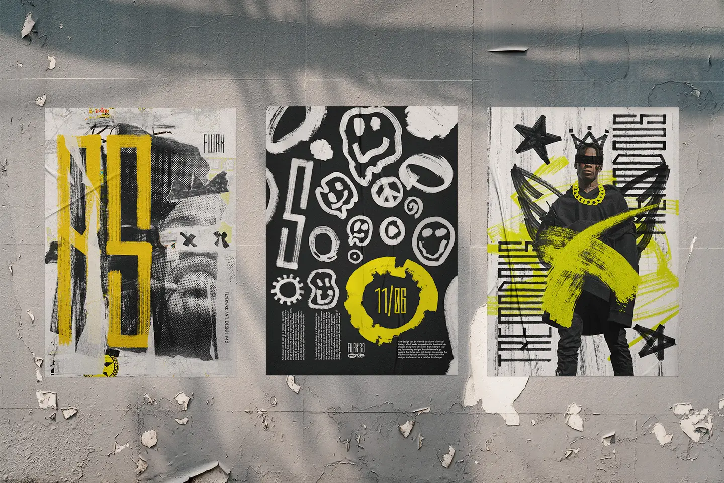 Markerize brutalist poster designs featuring hand drawn marker art doodles and bold yellow graphic elements