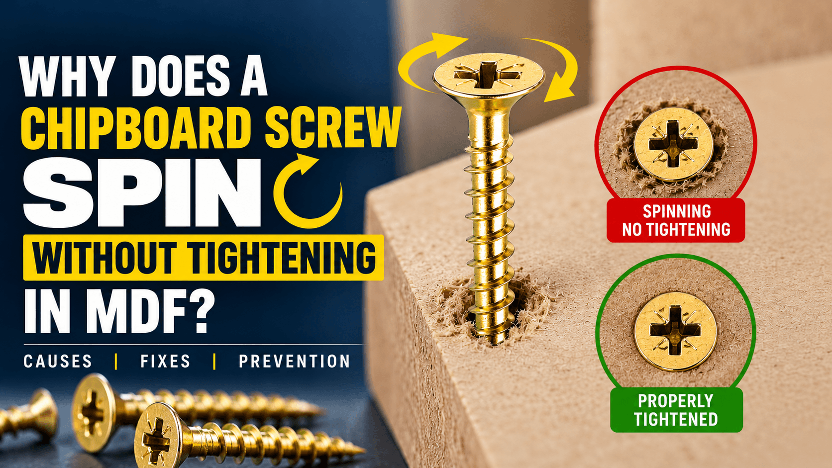 Why a gold zinc chipboard screw spins without tightening in MDF, with causes and prevention