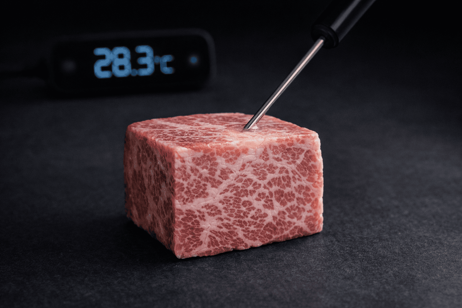 Temperaturmessung an einem stark marmorierten Rindfleischstück