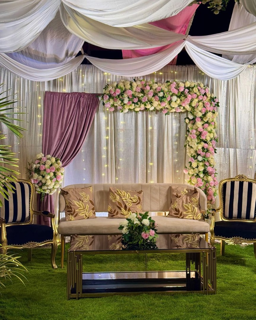 White & Pink Flowers Decor for Roka or Engagement decoration at Indoor venue by Decori, Wedding Decorator in South West Delhi