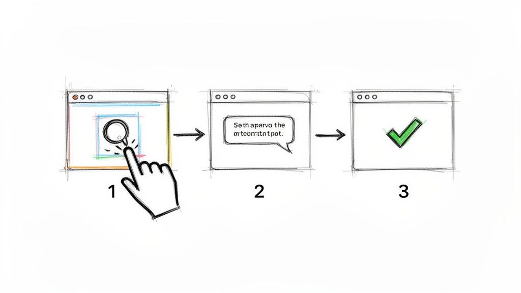 Three-step sketch: a hand clicks a search icon, a message appears, then a green checkmark.