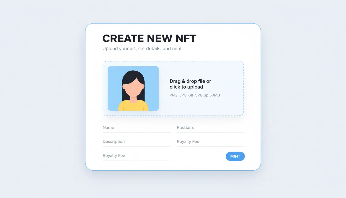 Clean Light Mode UI screenshot of an NFT creation platform. A central white card with rounded corners and a thin blue outer border displays a large, bold, dark sans-serif title placeholder and a smaller line of abstracted descriptive text. Below, a large file upload area with a dashed border contains a preview of a flat 2D vector art avatar of a woman with dark hair and a yellow shirt, set against a simple light blue background.