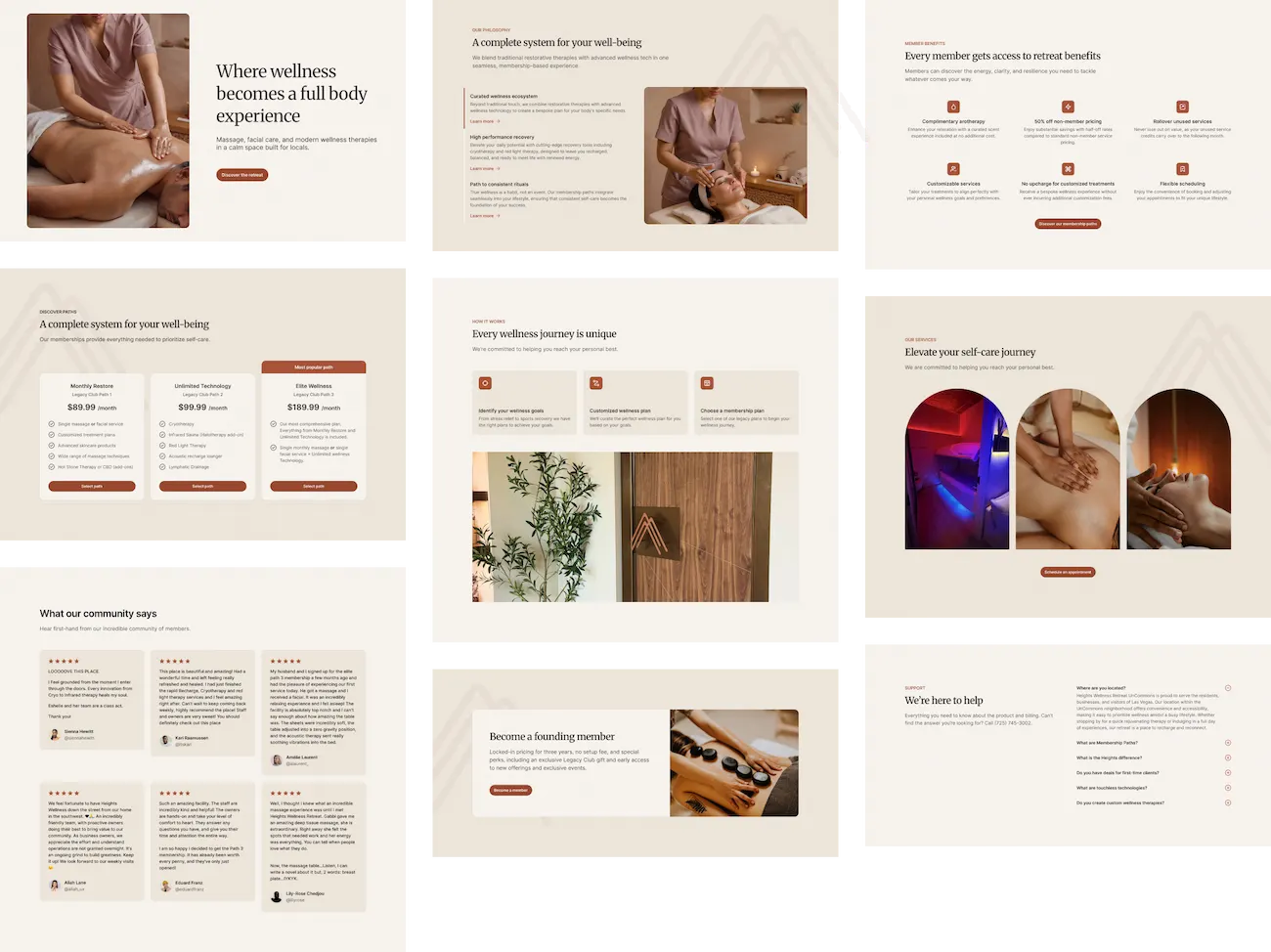 Website section previews and UI layout components for Heights Wellness Retreat