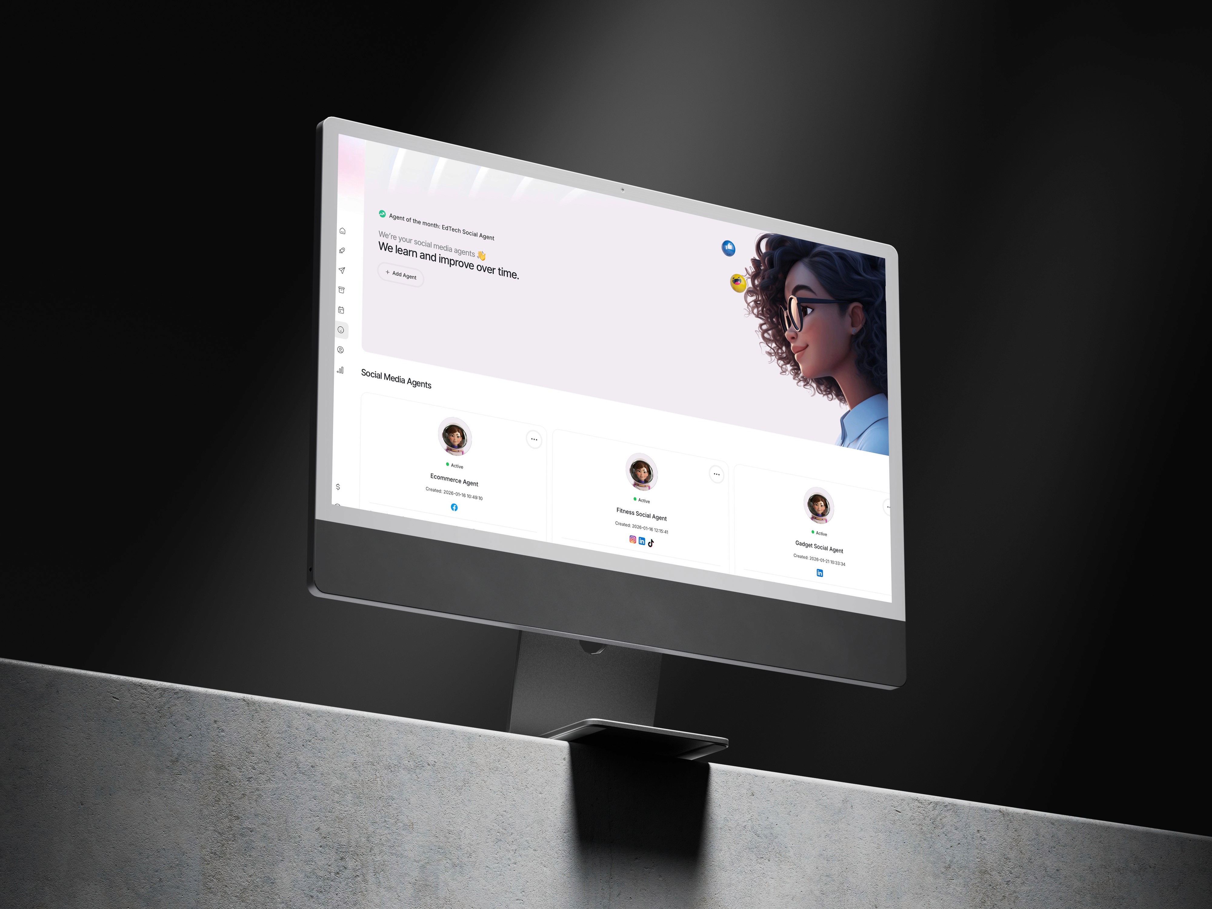 Woman in a beige turtleneck by an old computer and TV, retro 80s office portrait.