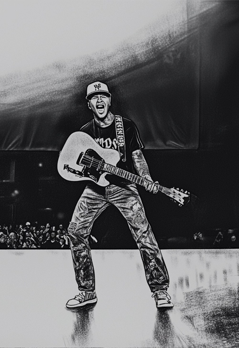 Pencil sketch of a musician with an acoustic guitar in a live performance