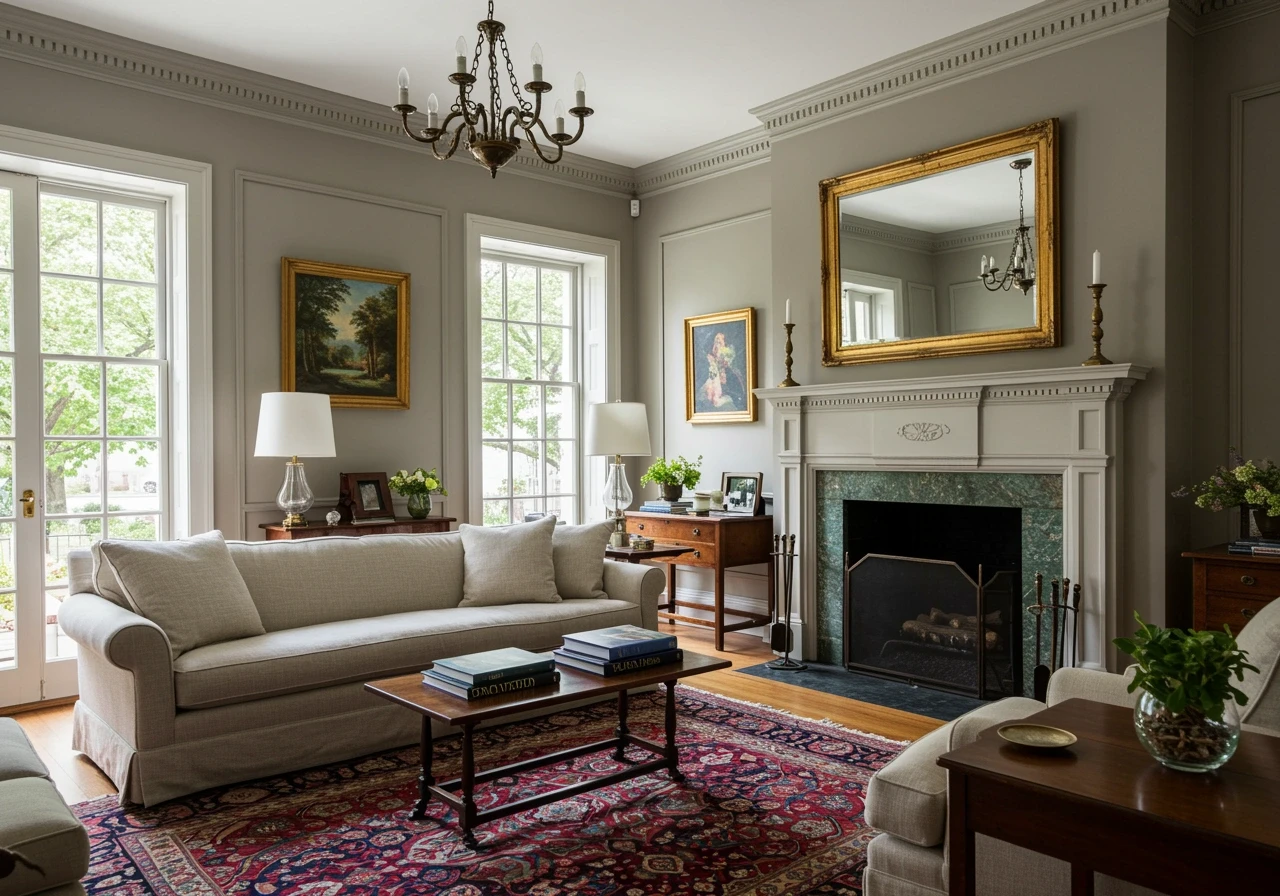 Traditional living room with taupe painted walls, crown molding, and fireplace