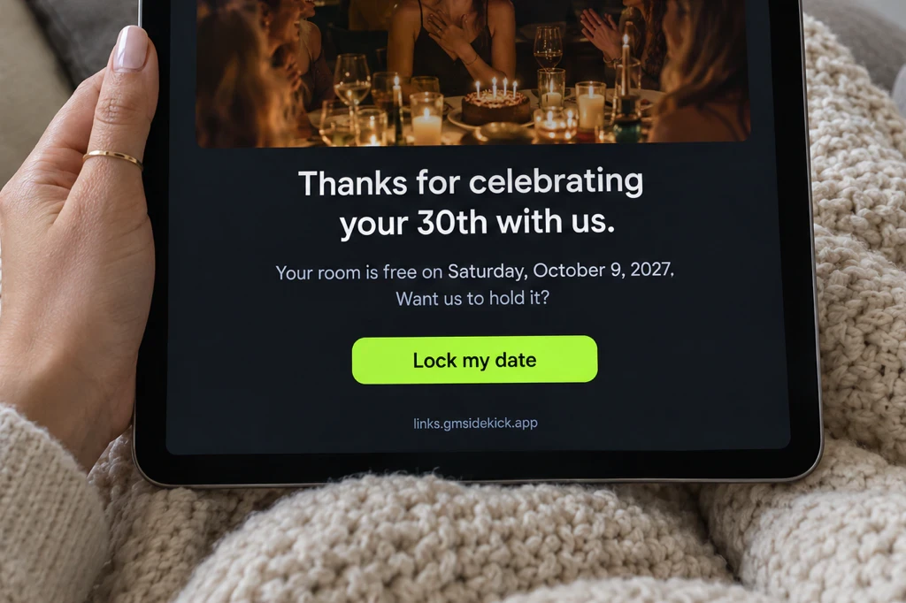 A tablet message thanks a guest for celebrating their 30th and offers the room on Saturday, October 9, 2027, with a Lock my date button