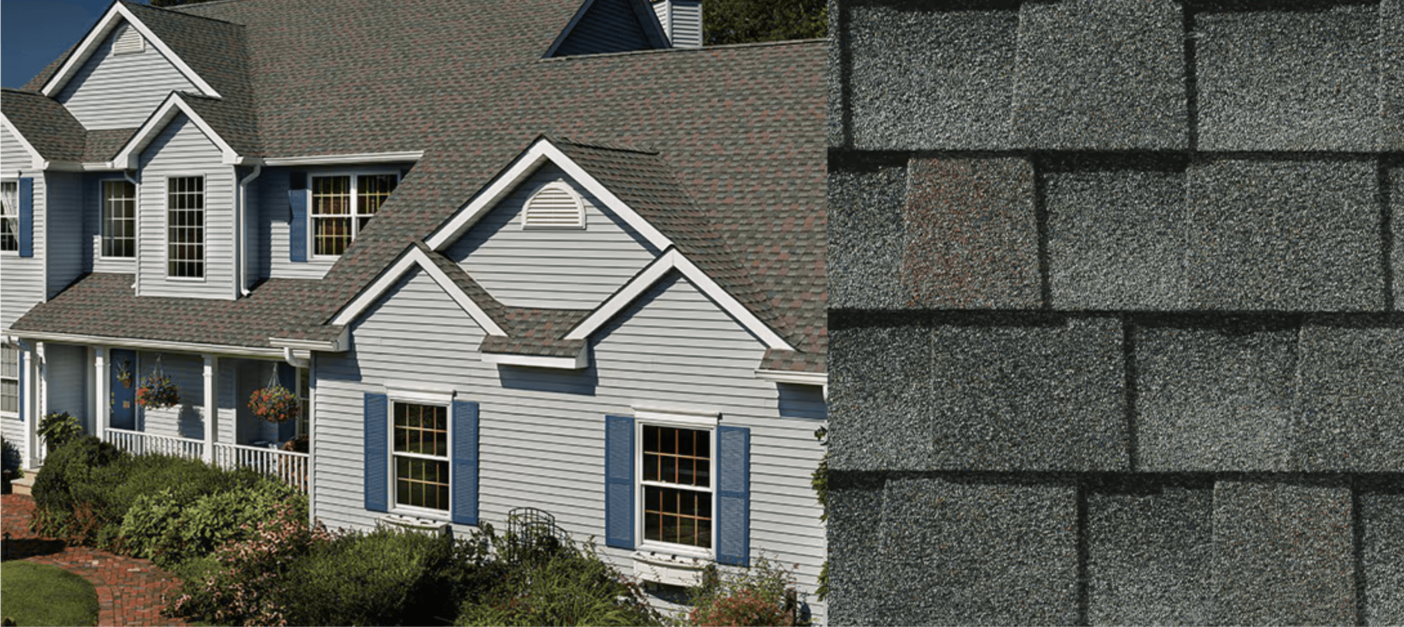 Combined beauty shot and swatch for GAF Timberline HDZ Williamsburg Slate shingles.