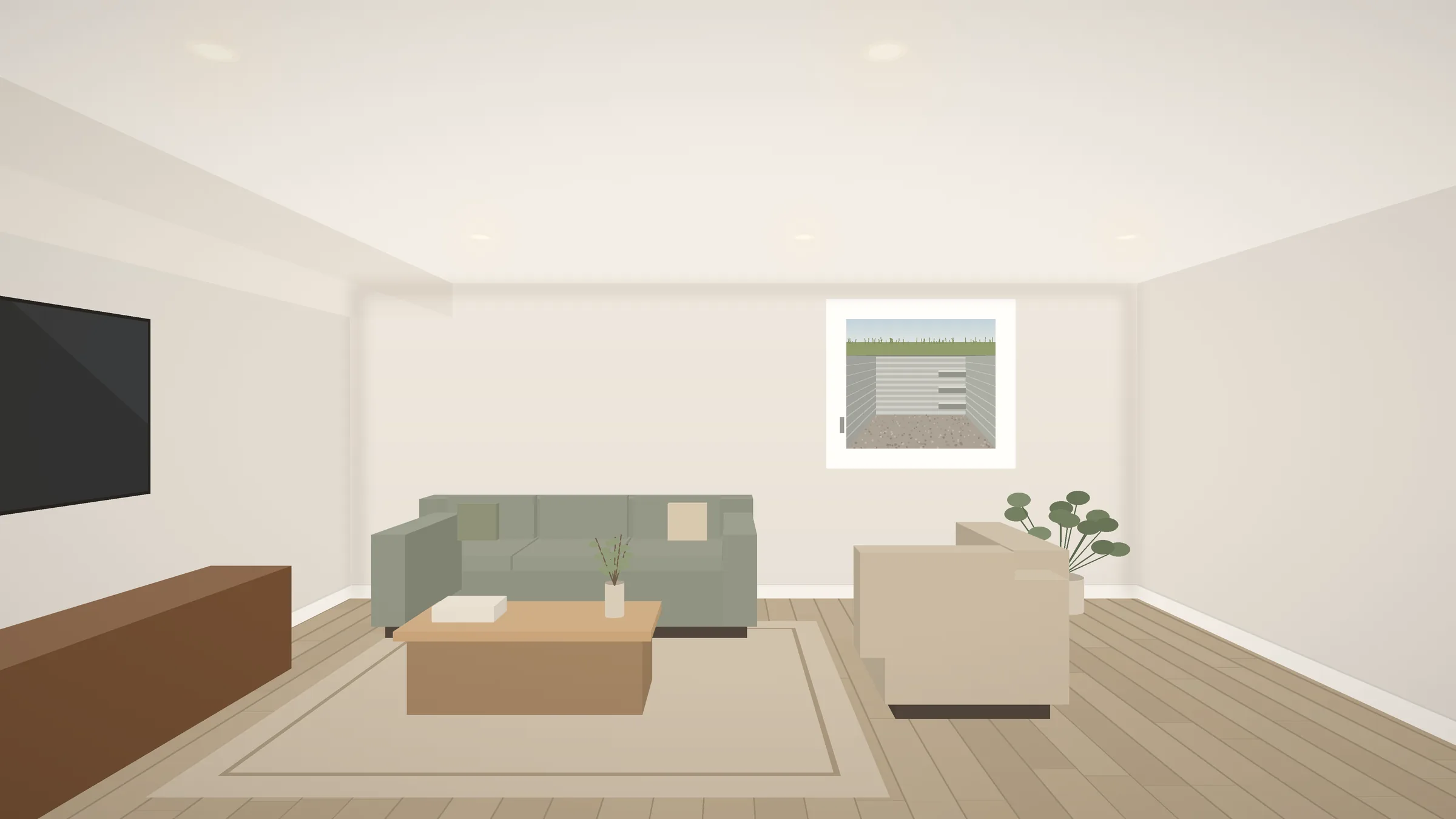 Basement family room with a sofa, rug and egress window