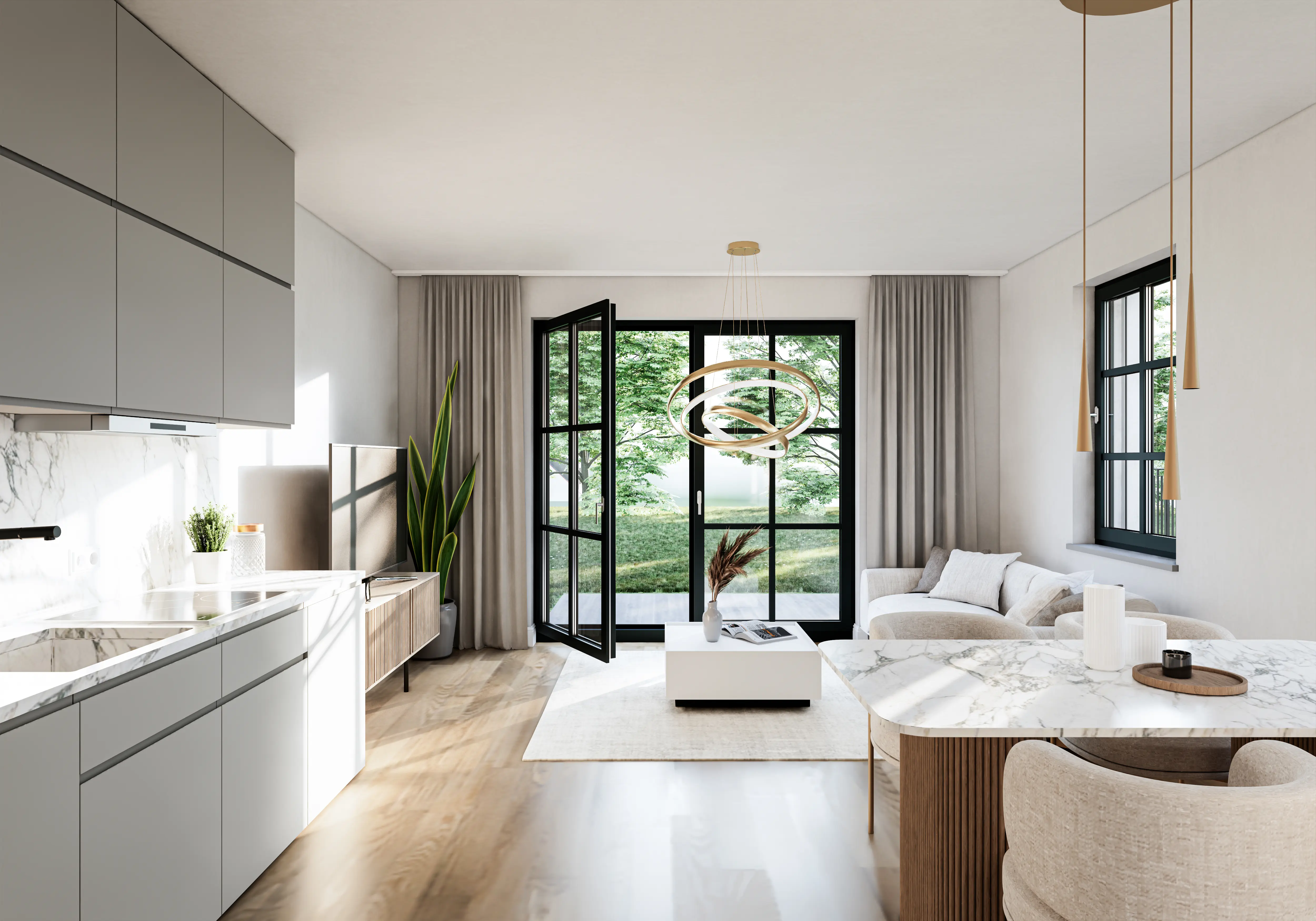 Wohn- und Essbereich einer modernen Neubauwohnung mit offener Raumaufteilung.