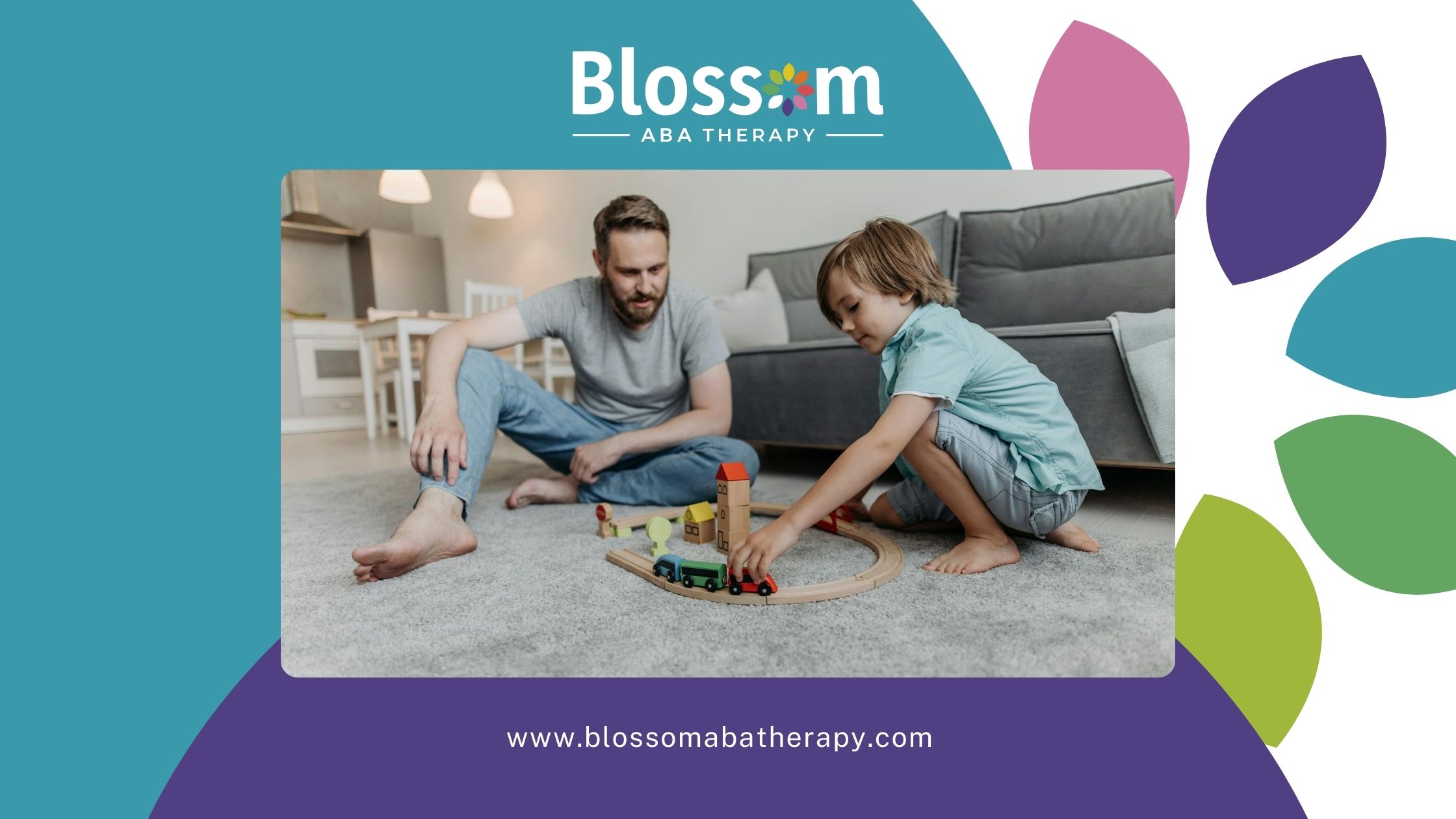 An RBT & autistic child playing with a train set on a carpeted floor at a living room in Virginia.