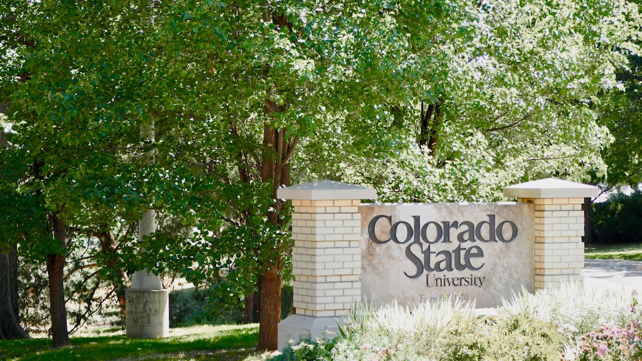 Colorado State Univeristy stone sign with trees in background. 