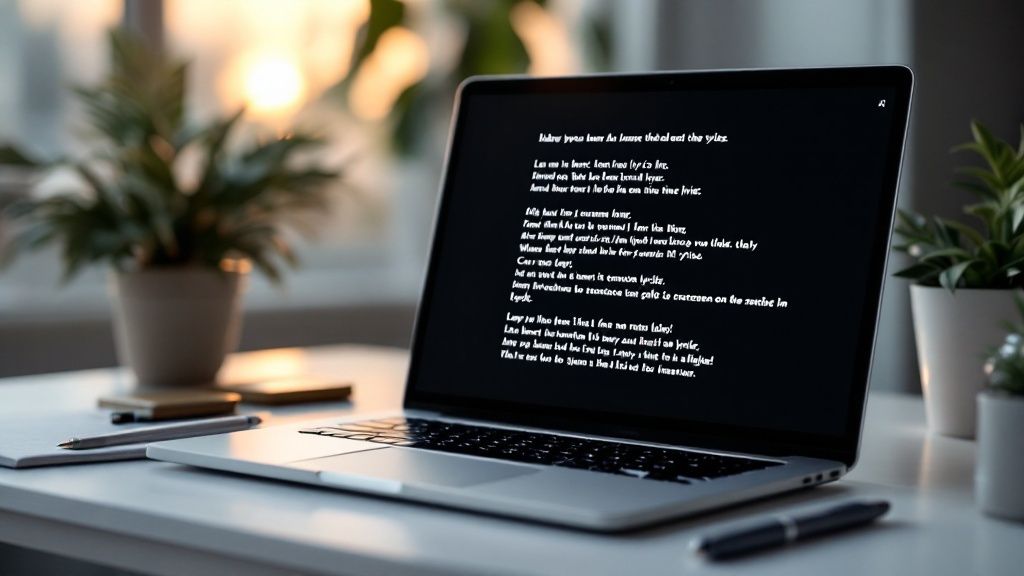 A close-up shot of a songwriter meticulously editing lyrics on a tablet, with musical notes overlaying the image.
