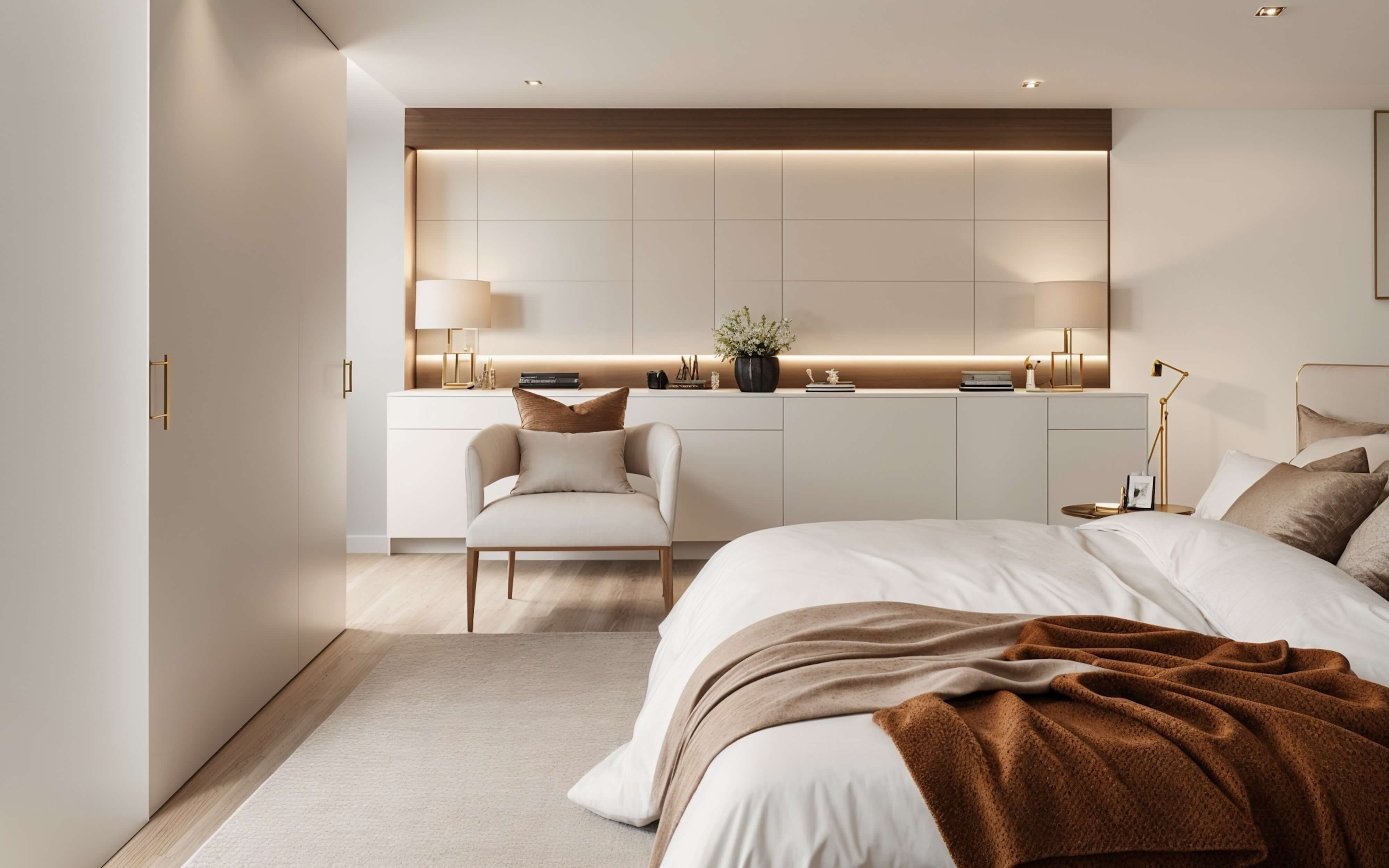 Soft neutral guest suite aboard a yacht with layered linens, warm cabinetry accents, and quiet architectural lighting for calm, modern comfort.