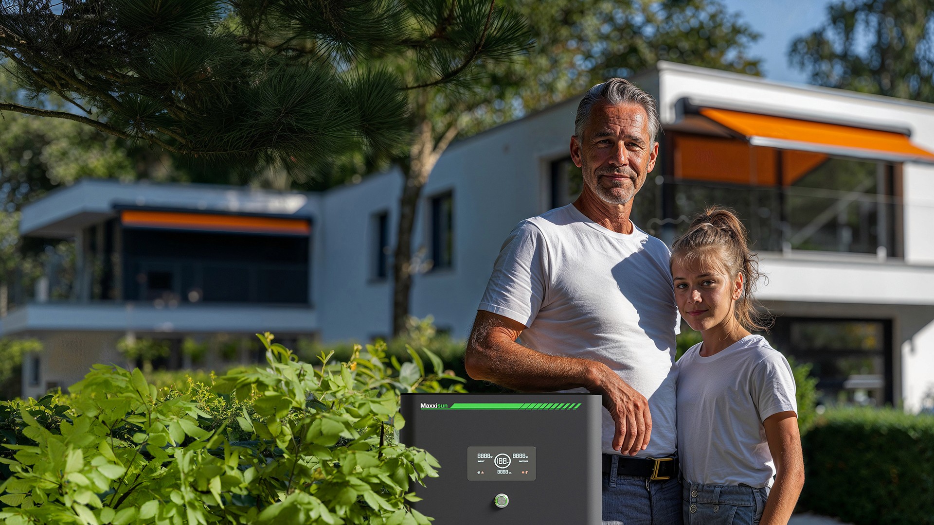 Mann und Kind vor modernem Haus mit Solartechnologie, Energieeffizienz, Smart Home Lösungen.
