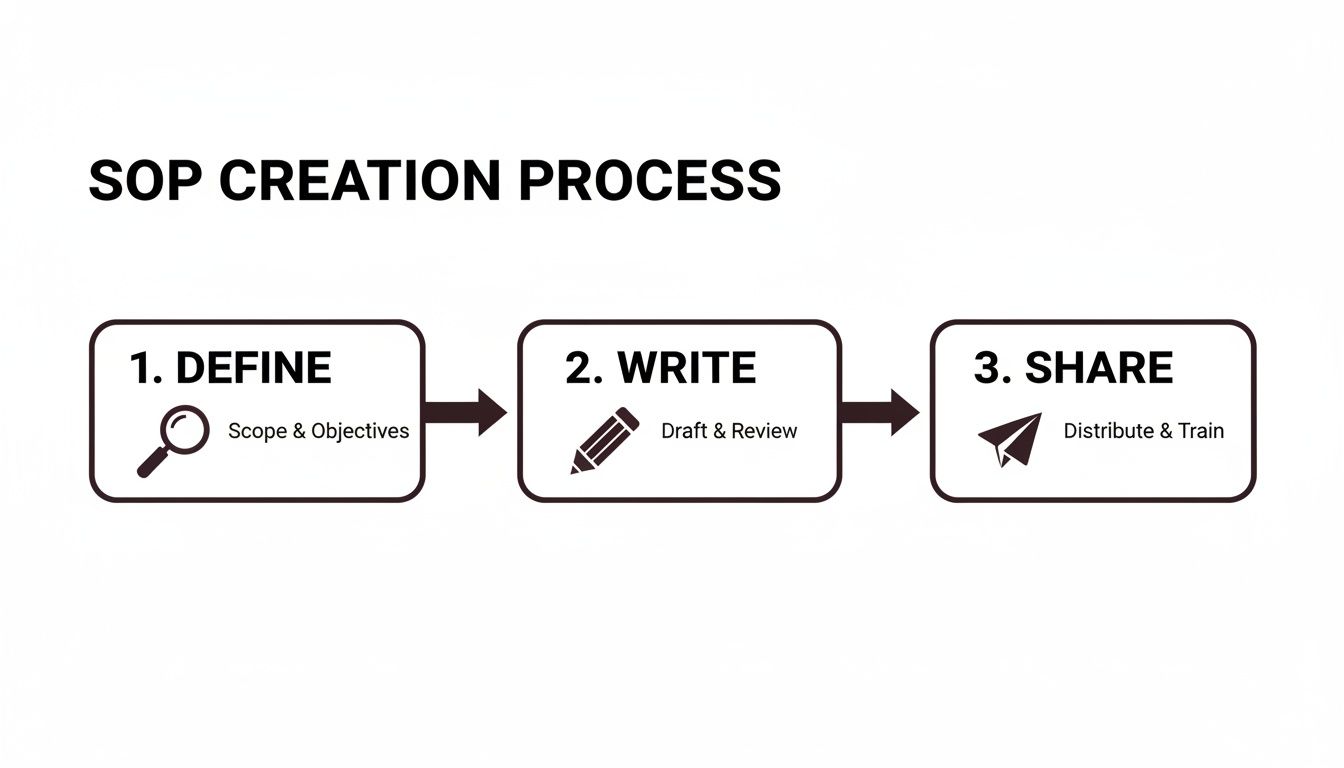 A clear flowchart depicting the three steps of the SOP creation process: Define, Write, and Share.