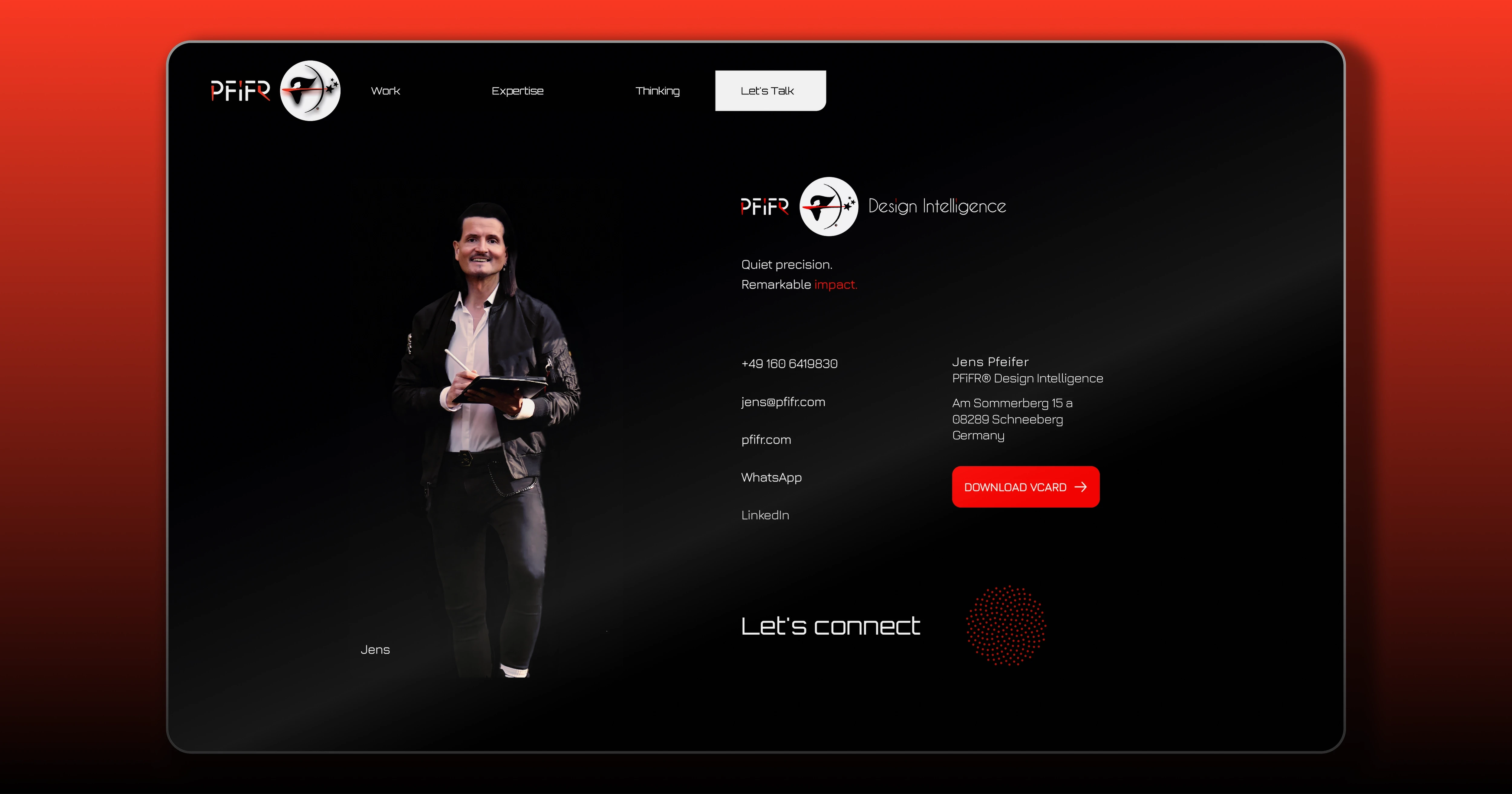 Desktop-Interface von PFiFR® Connect mit strukturierten Kontaktdaten, Branding-Elementen und Download-Funktion für die digitale Visitenkarte