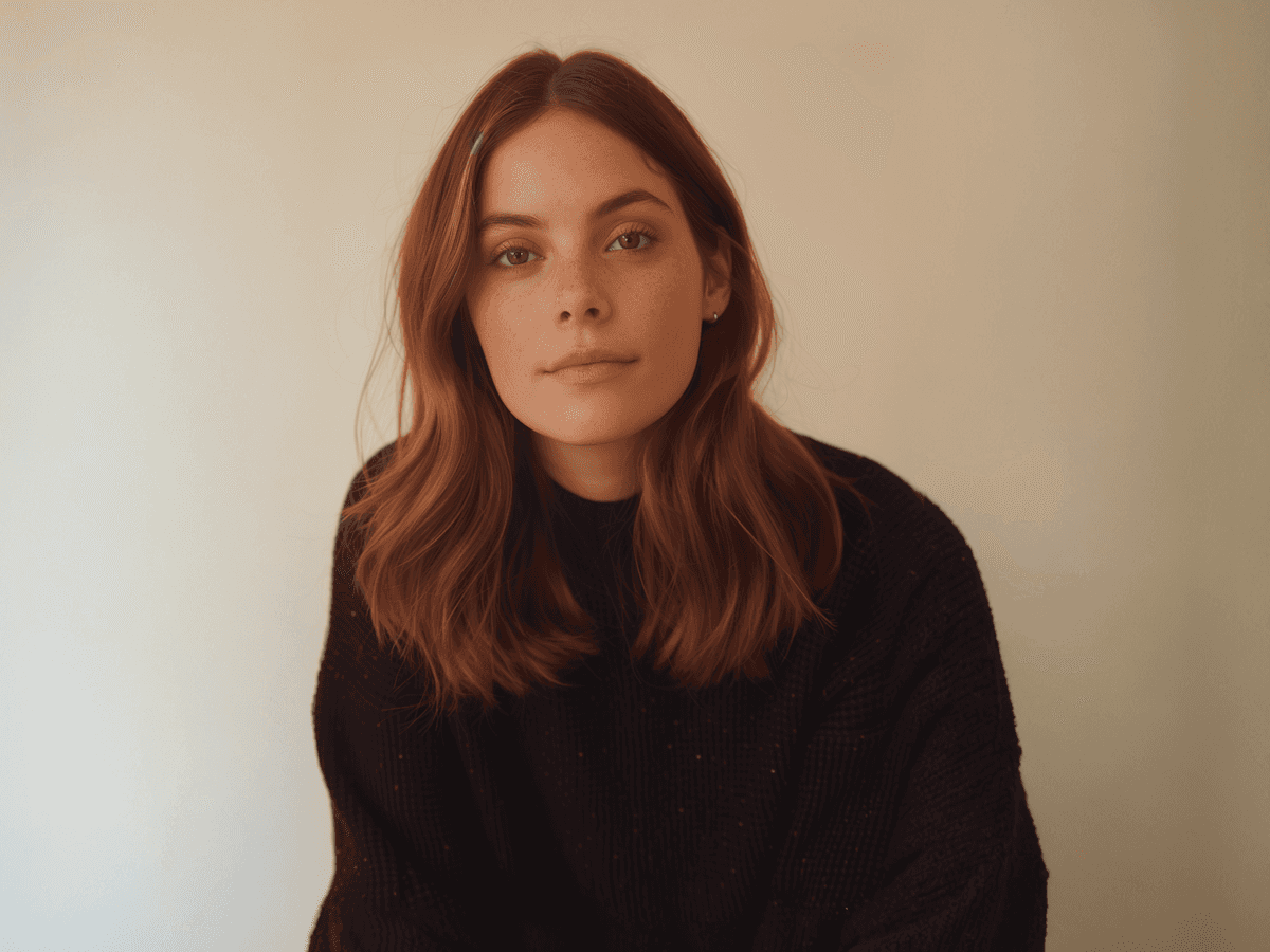 A young person with long, wavy hair sits in front of a plain background, looking directly at the camera.