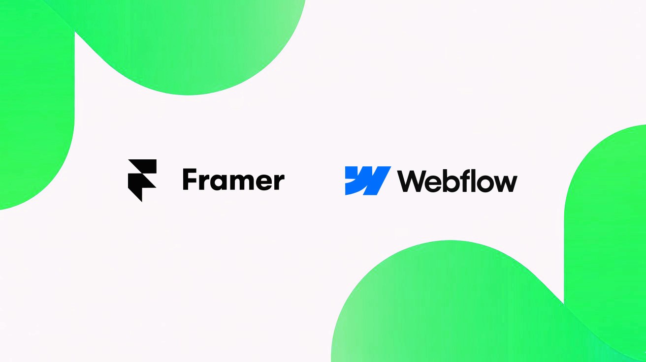 The Framer and Webflow logos side by side on a warm beige background with abstract gradient blobs in purple, coral, and blue
