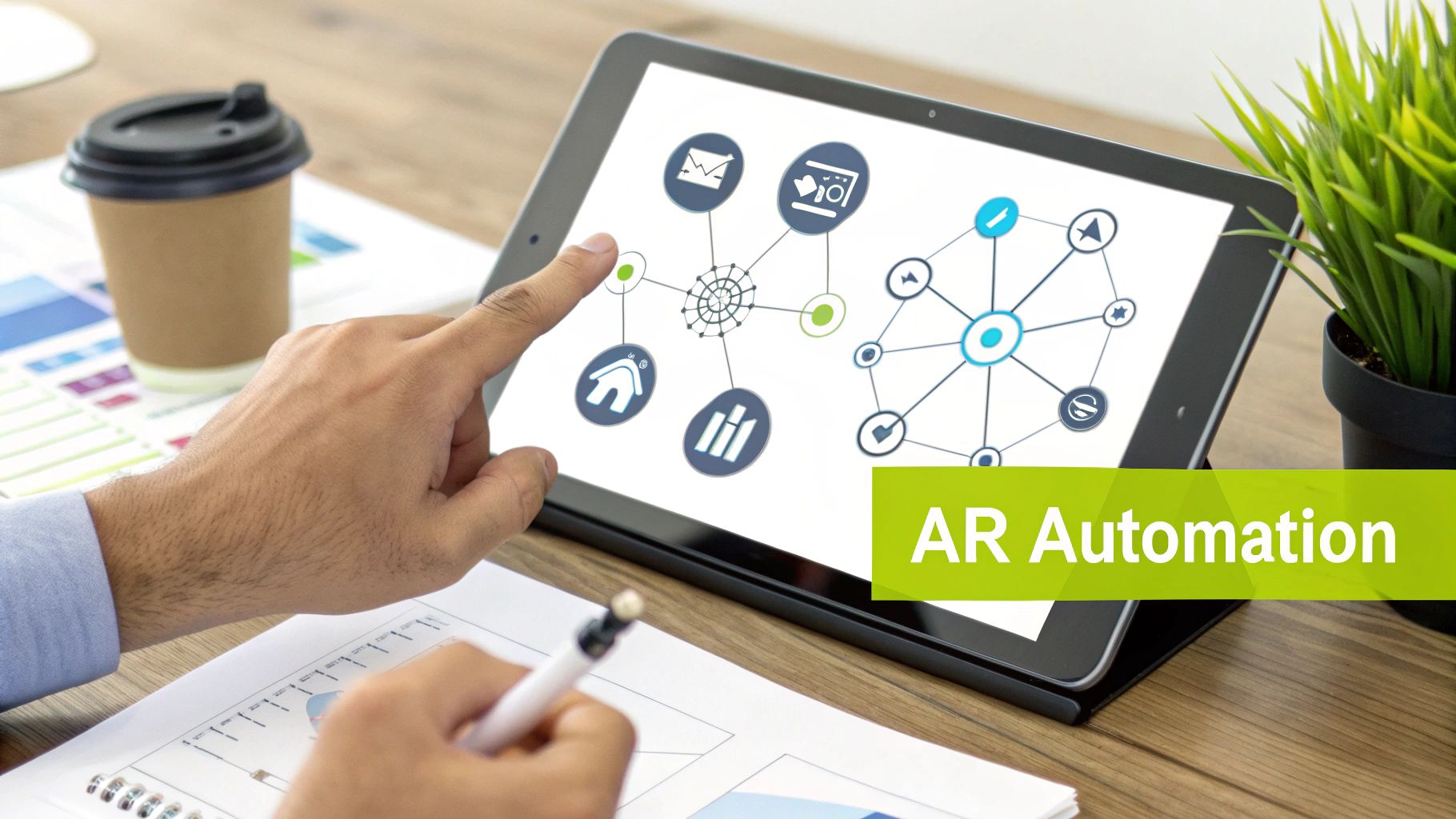 A person's hand interacts with a tablet showing a network diagram, with 'AR Automation' text overlay.
