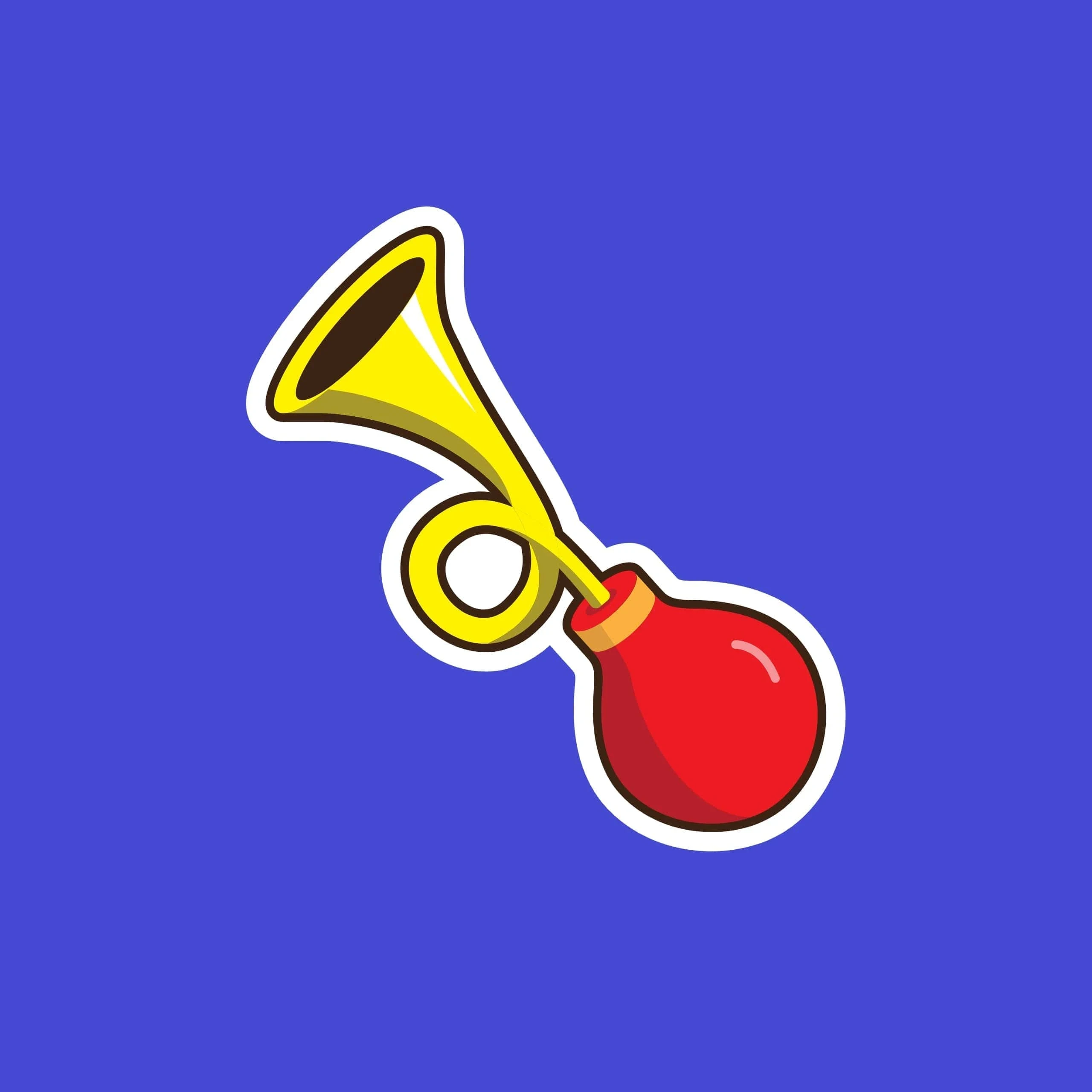 Cartoon air horn with a bright yellow trumpet and red squeeze bulb, outlined in white against a vivid blue background; playful tone.