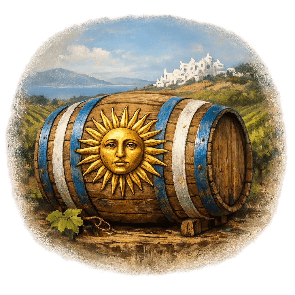 Wine barrel featuring the Uruguay national emblem for regional wine education.