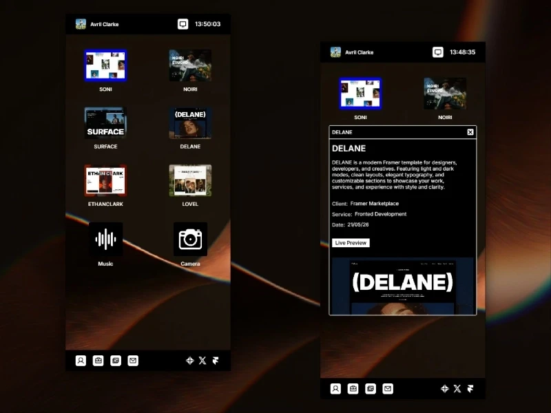 Deskfolio mobile responsive view showing desktop app icons and project preview popups on smartphone layout