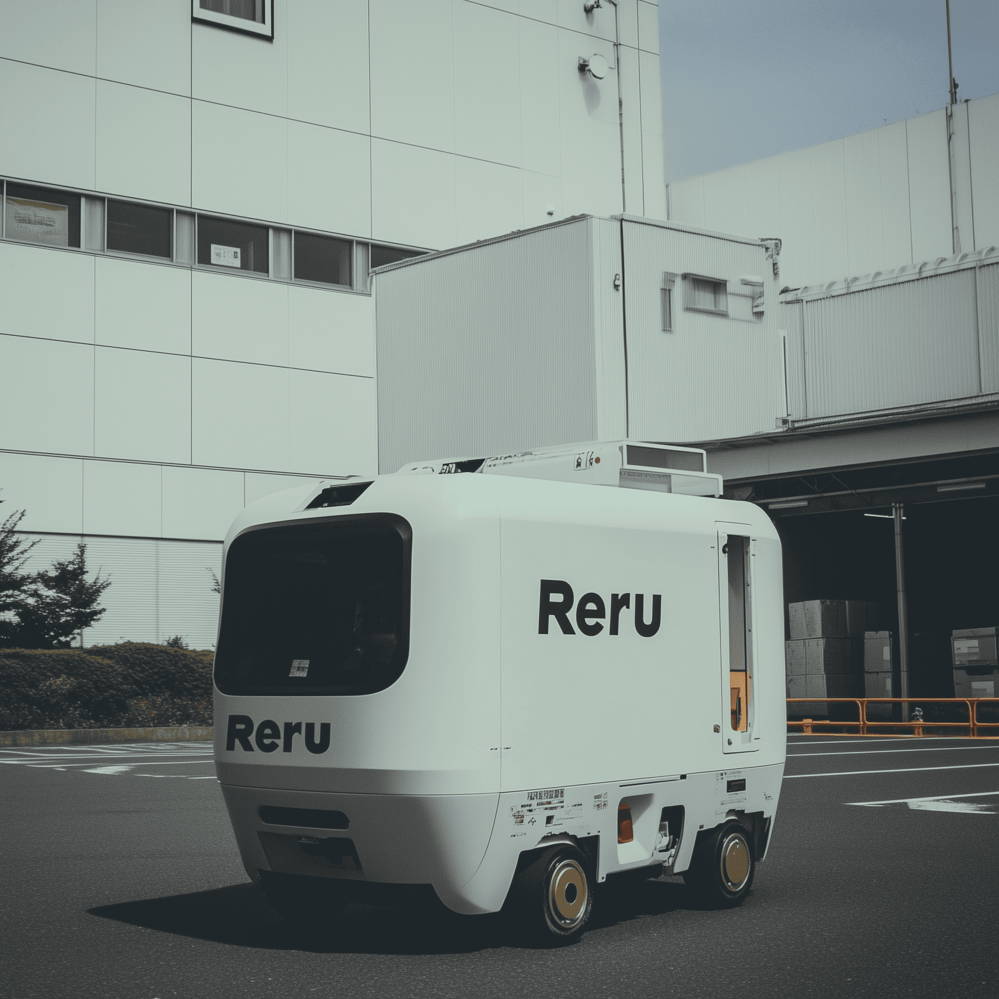 A white robot delivery vehicle with the word "Reru" written on it is carrying an oversized box in front of the Japanai World headquarters, carrying boxes in front of an industrial building in Tokyo. The photo was taken from behind at eye level using a Canon EOS camera., standing outside the parking lot of a small factory building in Japan. The image was captured using a Sony Alpha A7 III camera with a 20mm f/4 lens., with clear skies and natural lighting. There are no people or other objects around it