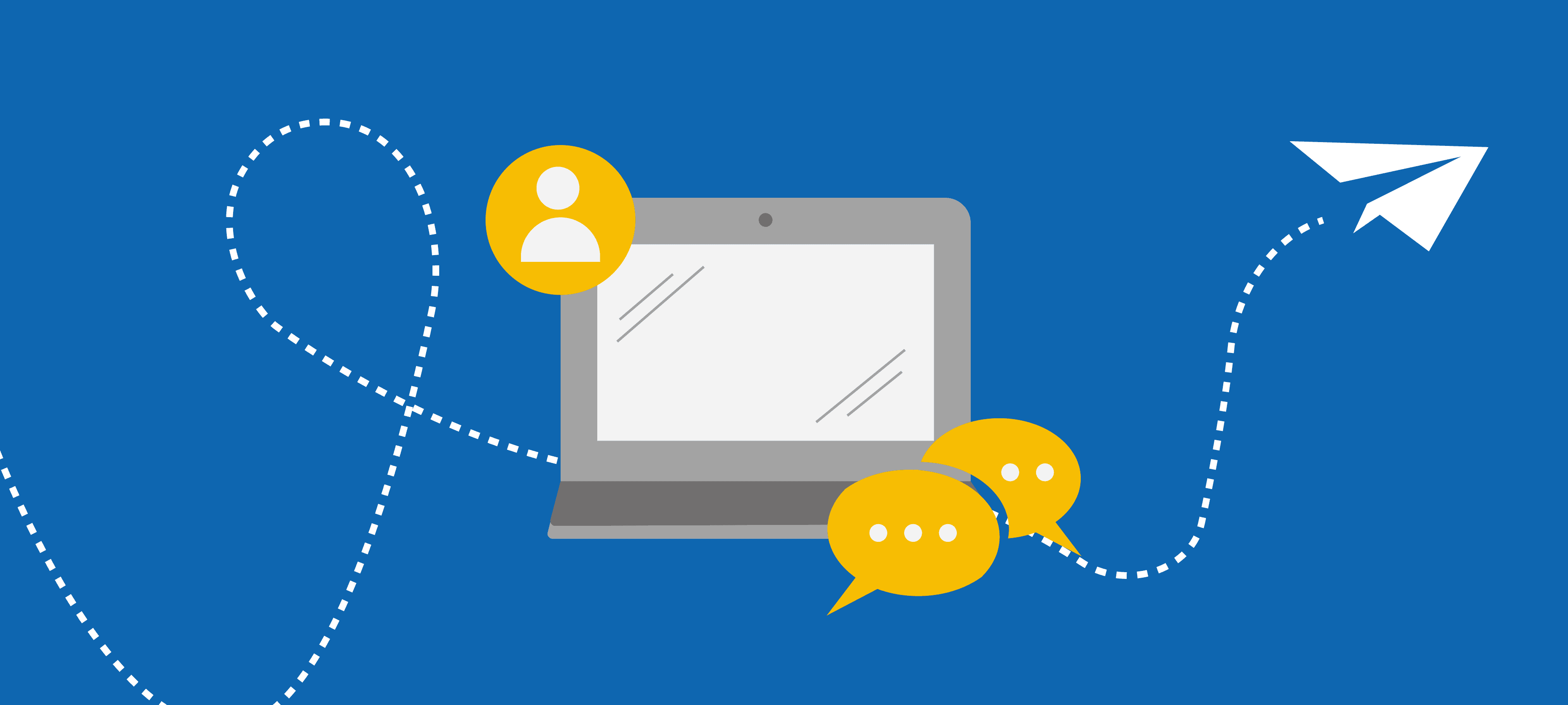 Illustration comparing demand generation vs demand capture B2B, showing a laptop with user and chat icons connected by a dotted flight path and paper plane, representing the relationship between awareness-driven demand generation and conversion-focused demand capture in B2B marketing.