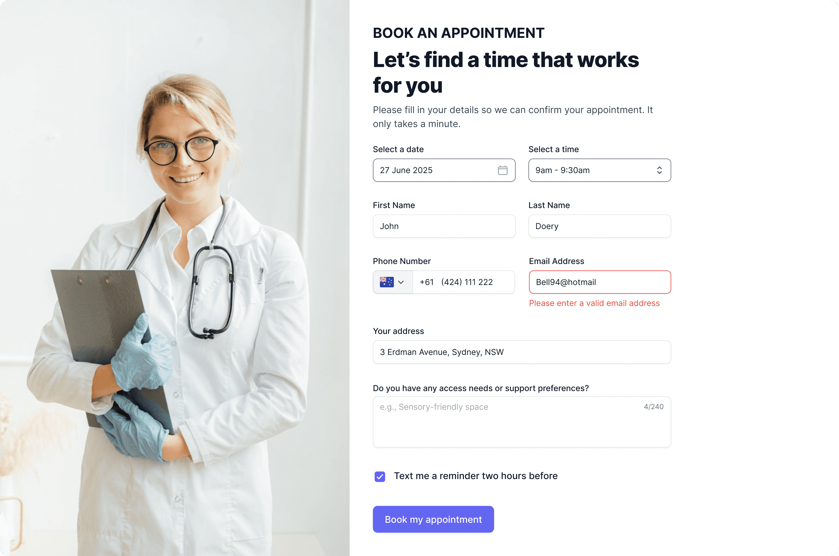 Example of a well-designed appointment form with clear labels, helpful errors and structured fields for easier completion.