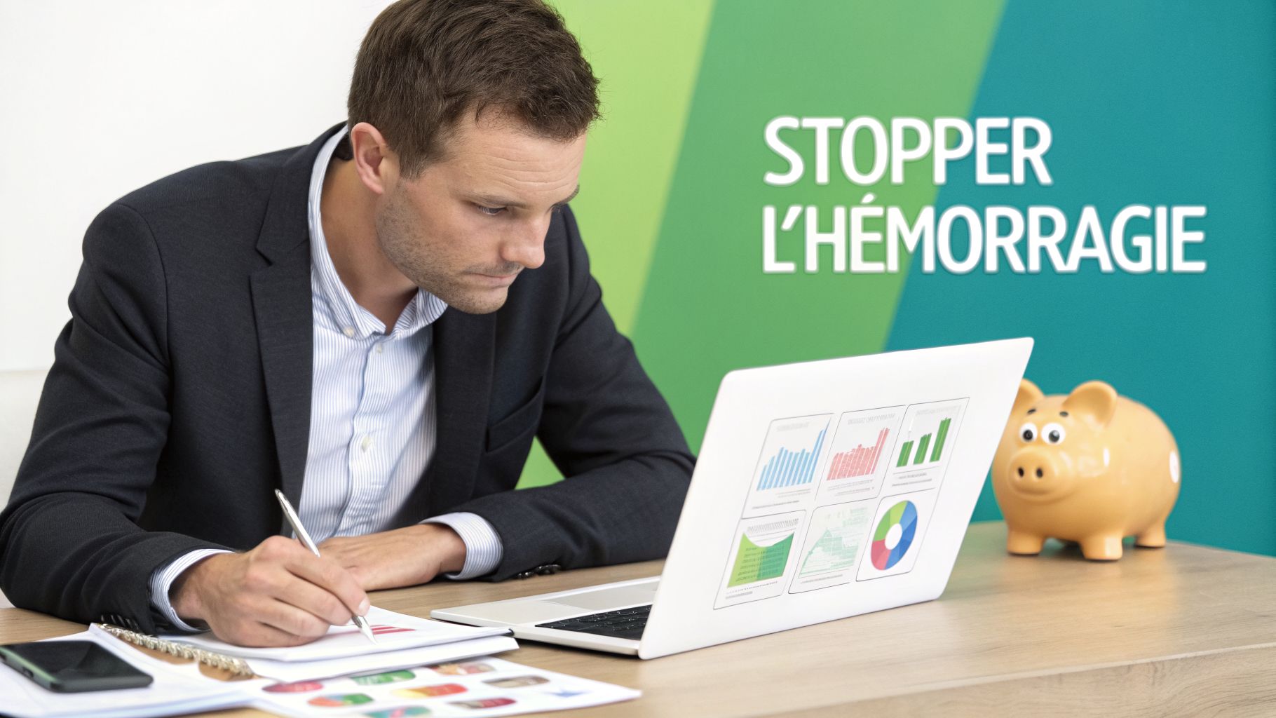 Un homme d'affaires analyse des données financières sur un ordinateur portable et prend des notes, avec une tirelire, symbolisant la gestion des pertes.