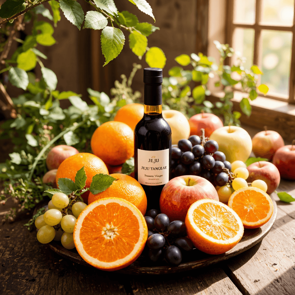 product photography of Jeju tangerine, apple, green grape balsamic vinegar gift set