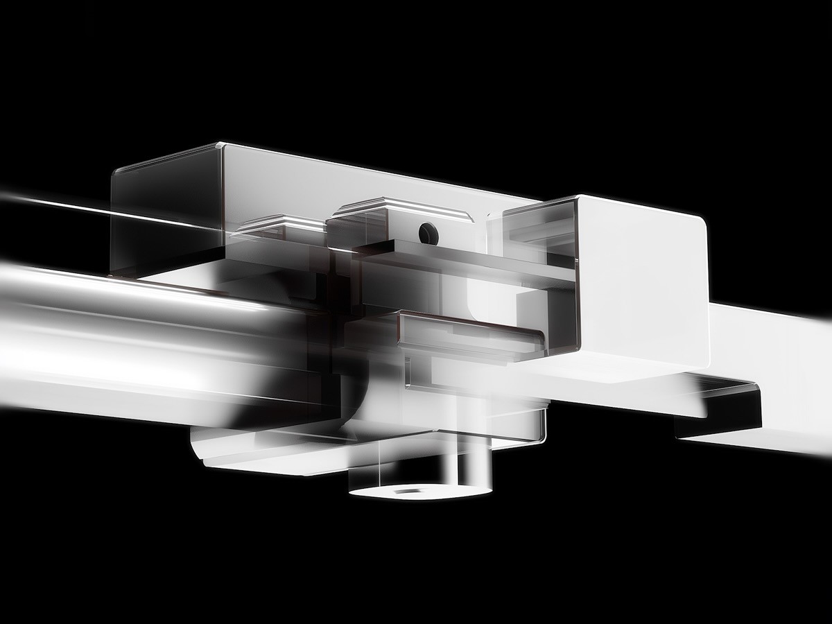 Abstract black-and-white geometric structure composed of interlocking metallic-looking rectangular forms suspended against a black background.