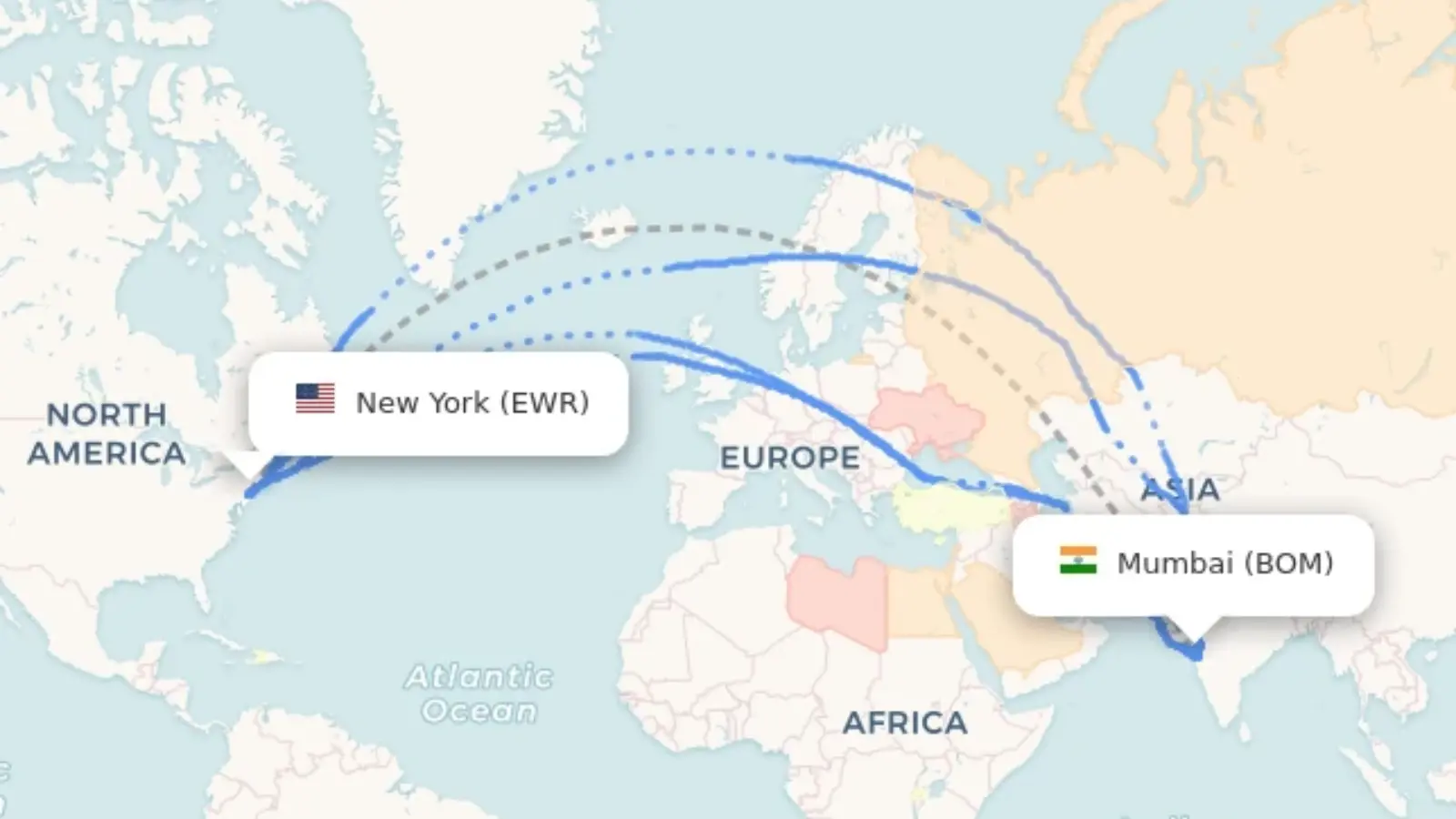The Journey Mumbai to New York Nonstopap graphic showing a curved flight path from India to the United States.