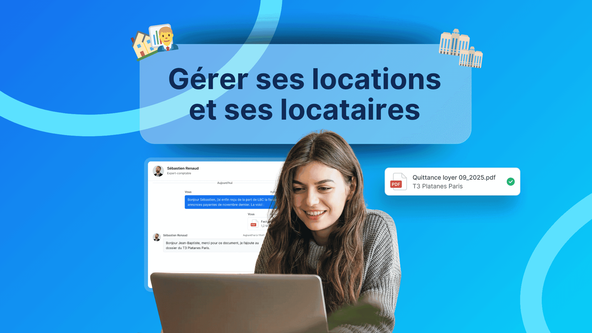 Femme souriante qui regarde son ordianteur avec la solution manerty autour d'elle