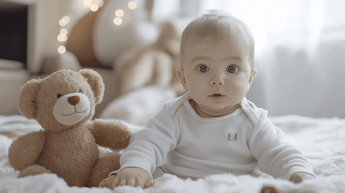 A baby in a white onesie sits on a cozy bed next to a plush teddy bear, with soft lighting and bokeh effect from a string of lights in the background.