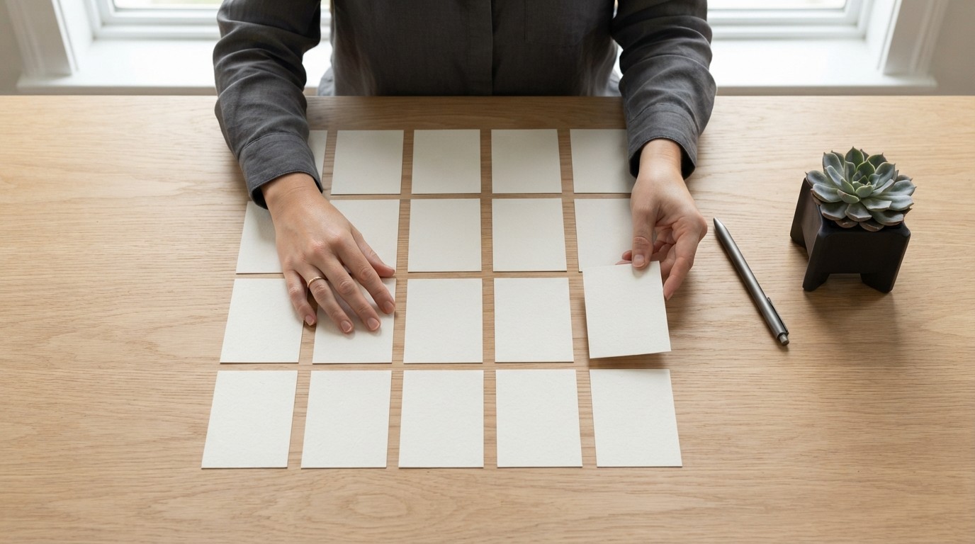 Hands organizing physical strategy cards on an office desk