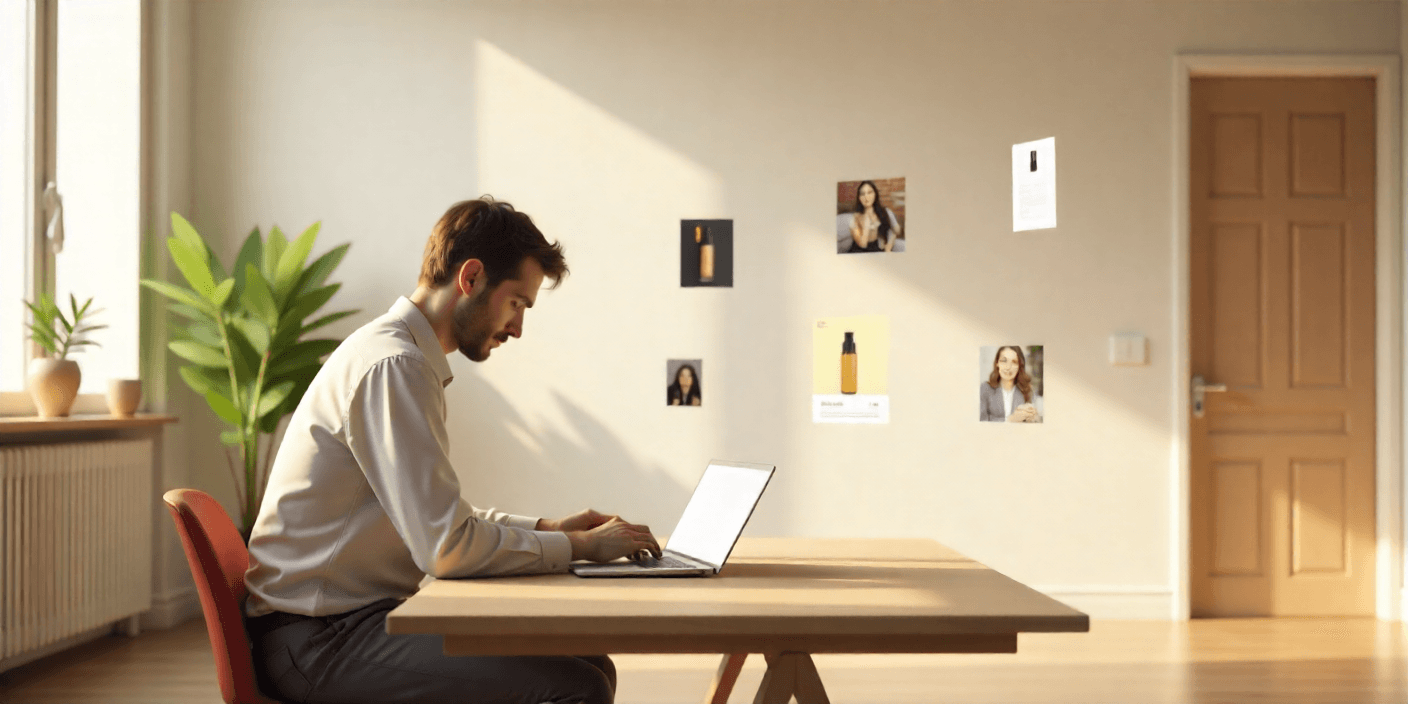 Man working on a laptop at a wooden table with images on the wall. A green plant and a door in the background.