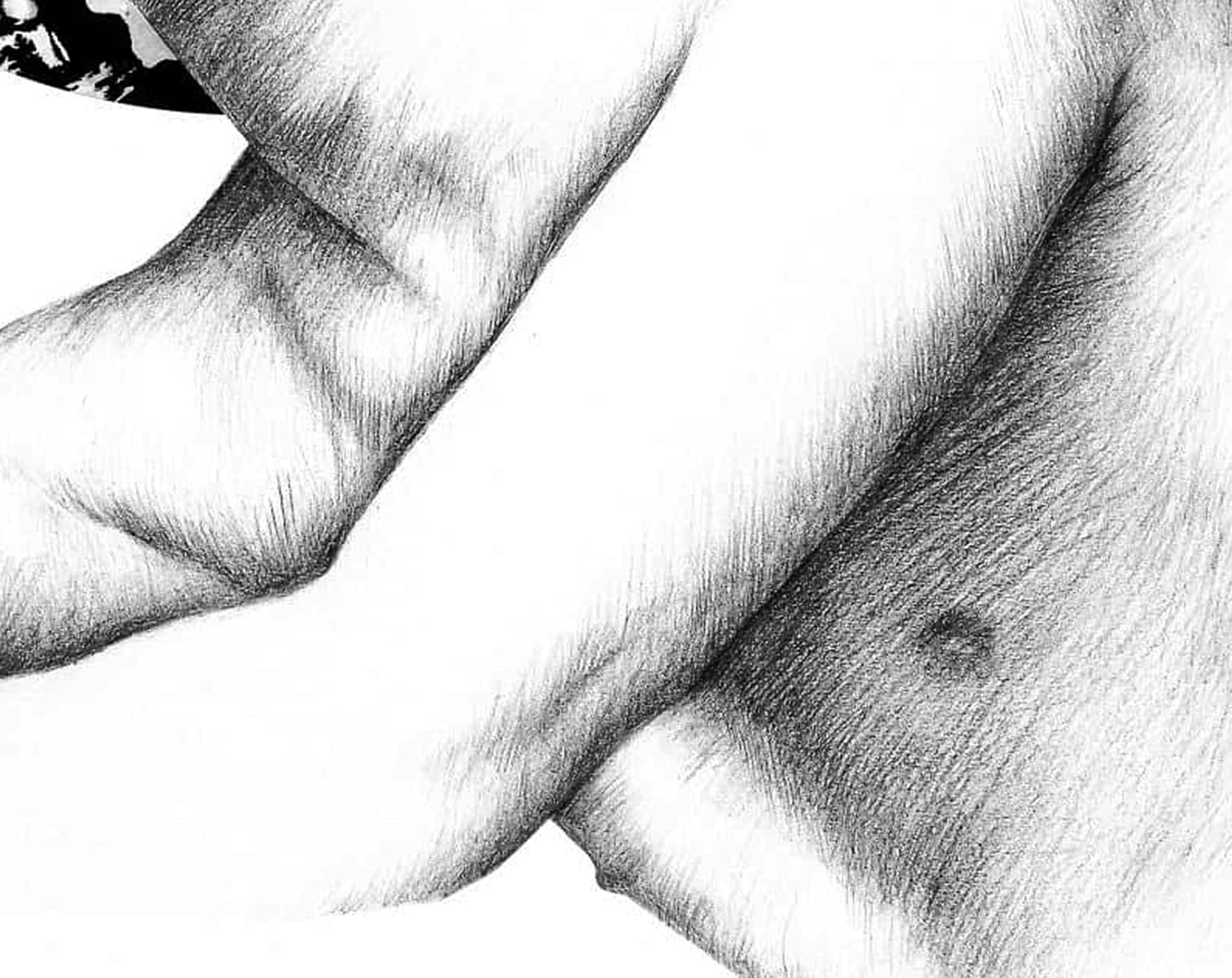 Close-up graphite study of arms and skin texture, highlighting light, shading, and detailed pencil work.