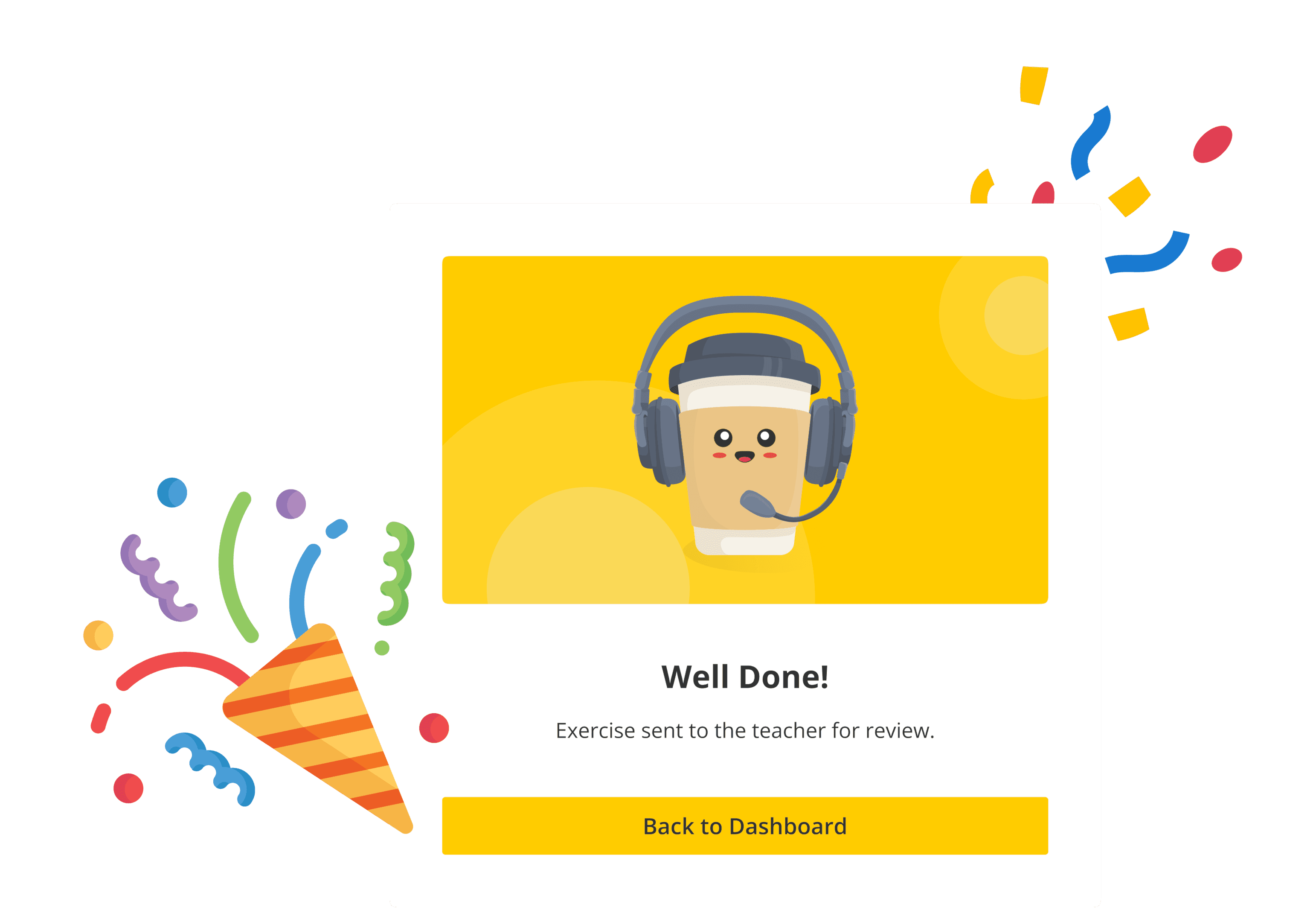 Well done screen with a coffee cup mascot with headphones and confetti