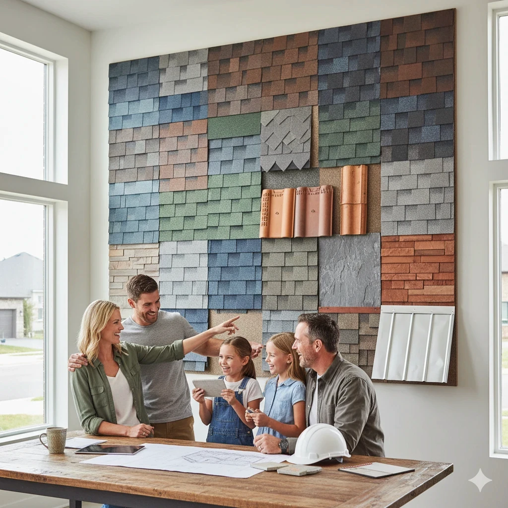 A beautiful collage of roofing material samples with a happy family discussing options with a project manager.