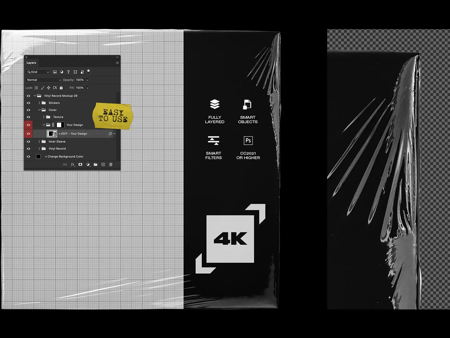 Vinyl record mockup close up showing plastic wrap album cover texture detail