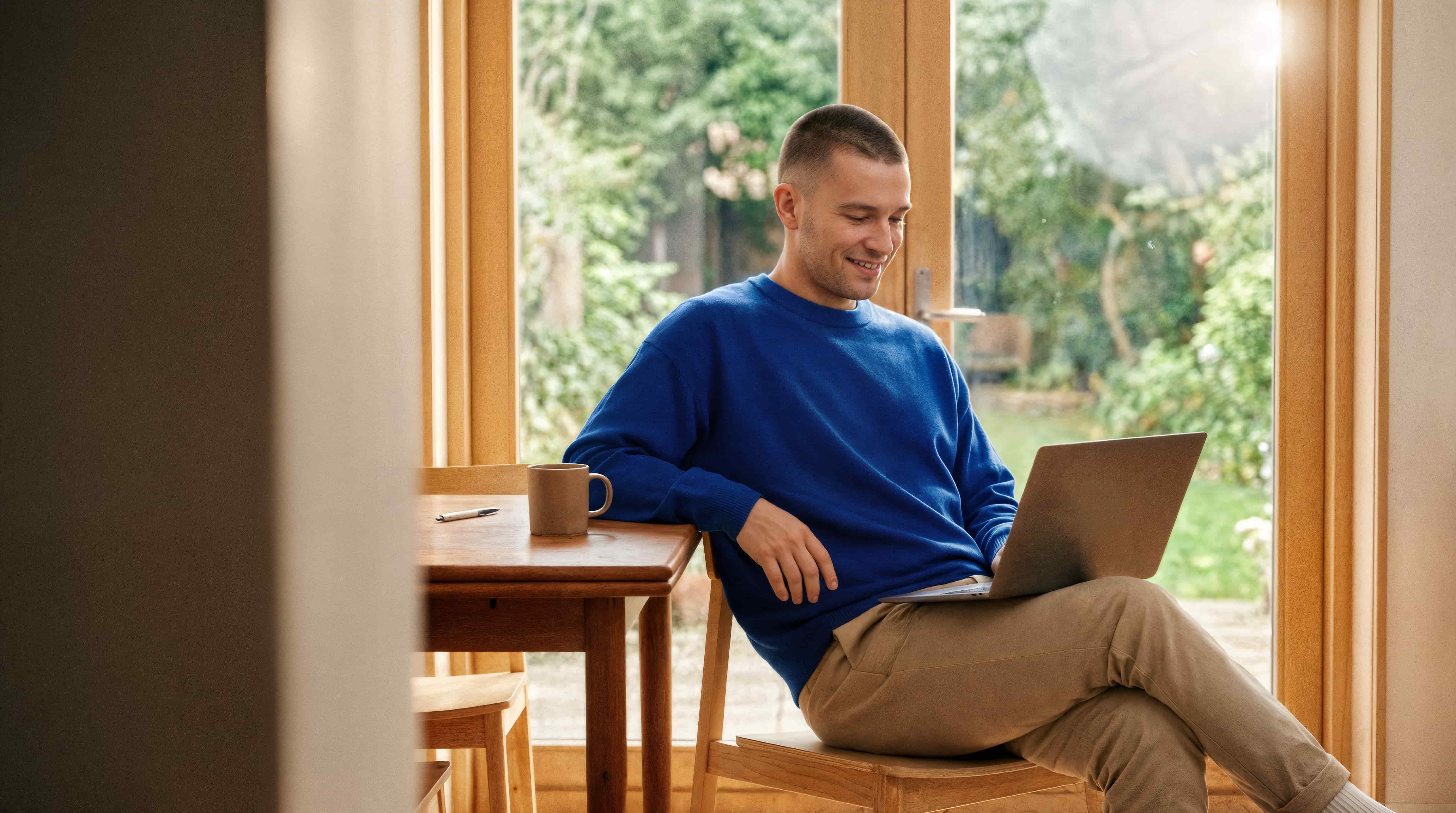 Man in blue sweater working on a laptop by a window, enjoying sunlight and greenery.