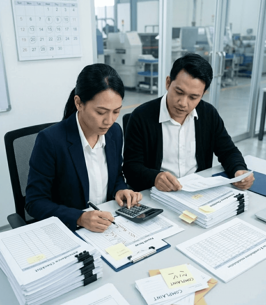 HR dan Finance mengecek tumpukan rekap absensi & payroll yang penuh koreksi, menandakan payroll molor dan revisi berulang.