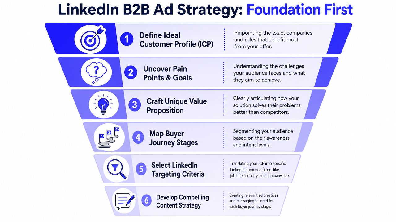 A six-step funnel graphic illustrating a strategic process for creating successful LinkedIn B2B advertising campaigns.