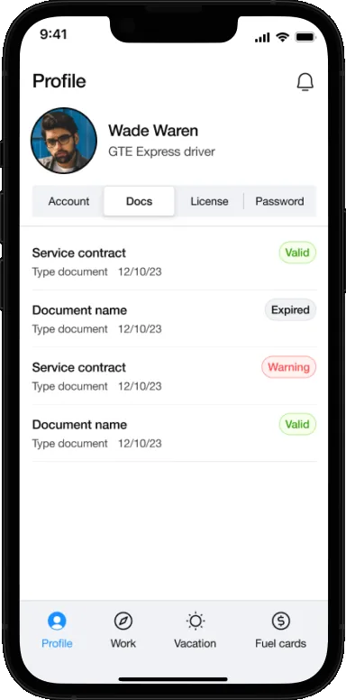 GTE driver profile document status screen
