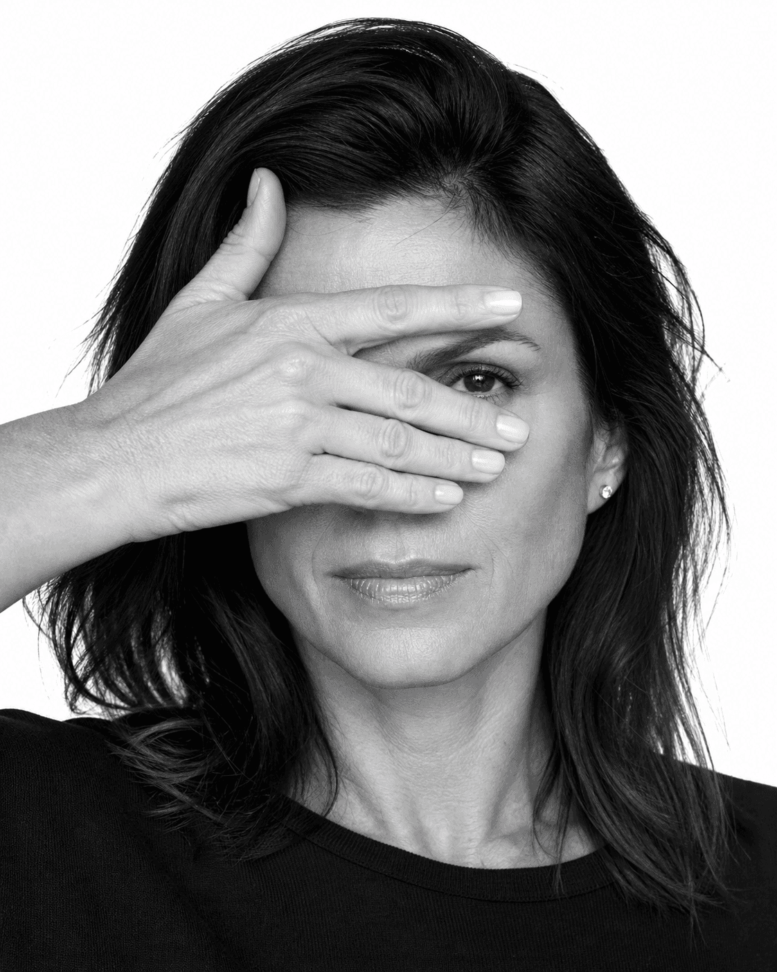 Portrait, white background flowing into a dark top