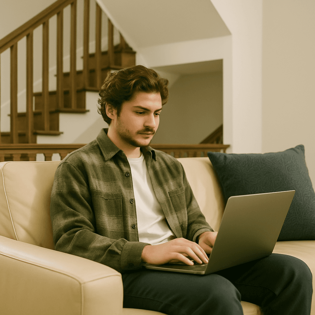 Young man on computer sitting on couch