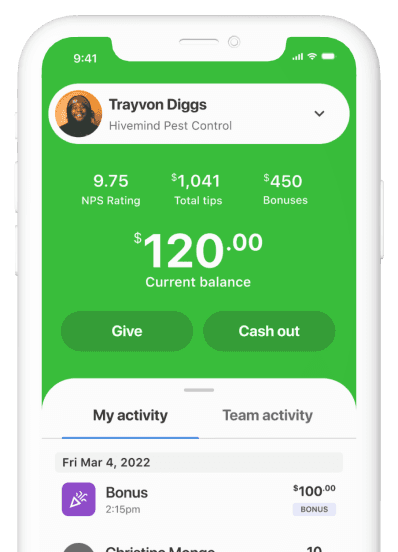 Applause app displaying an employee's NPS rating, total tips, bonuses, and current balance with options to give or cash out.