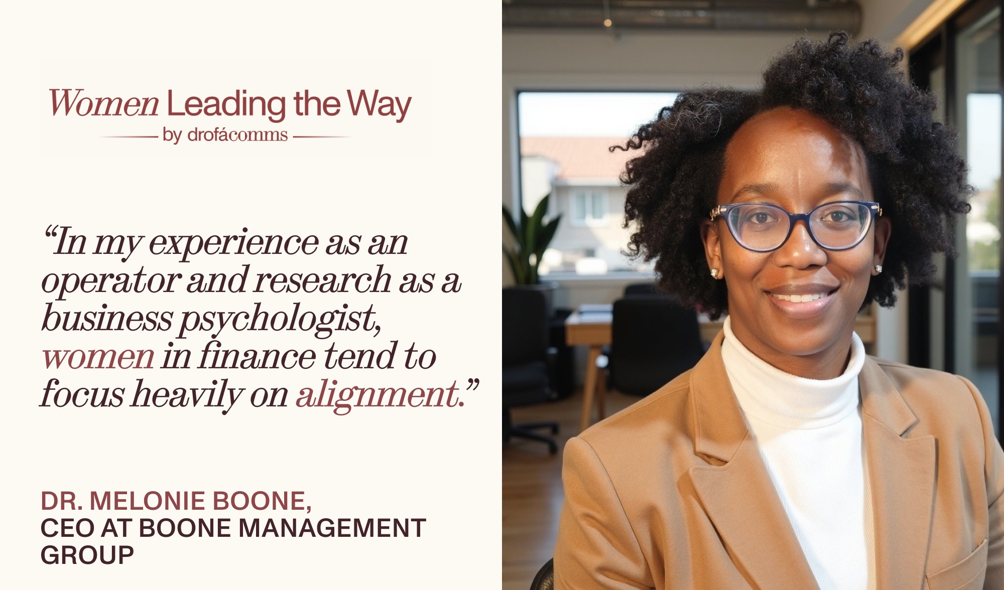 Female leader in finance Dr Melonie Boone of Boone Management Group featured in Women Leading the Way